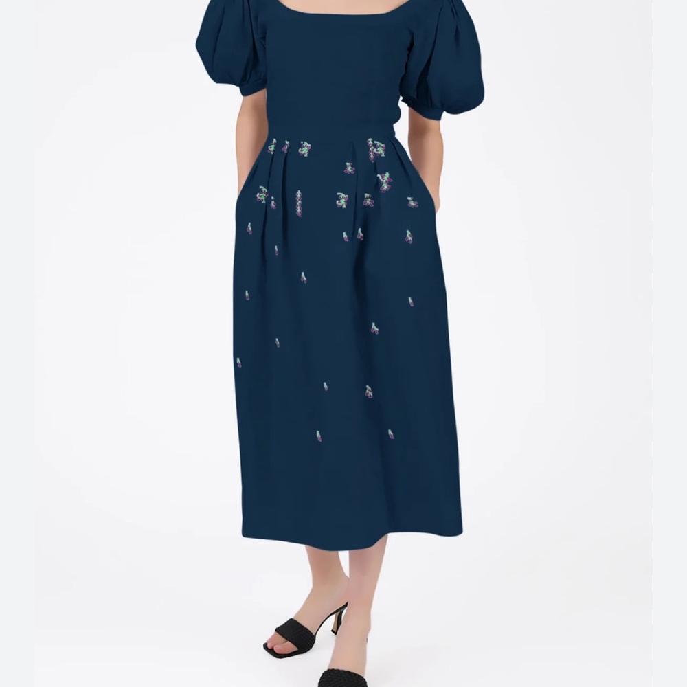Linen Navy Blue Puff Short Sleeve Dress
